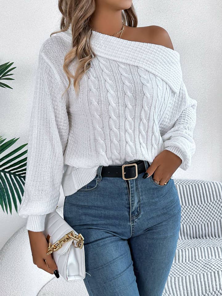 Collar Off Shoulder Long Sleeved Pullover Sweater