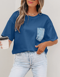 Color Block Chest Pocket Patched Casual Short Sleeve Top