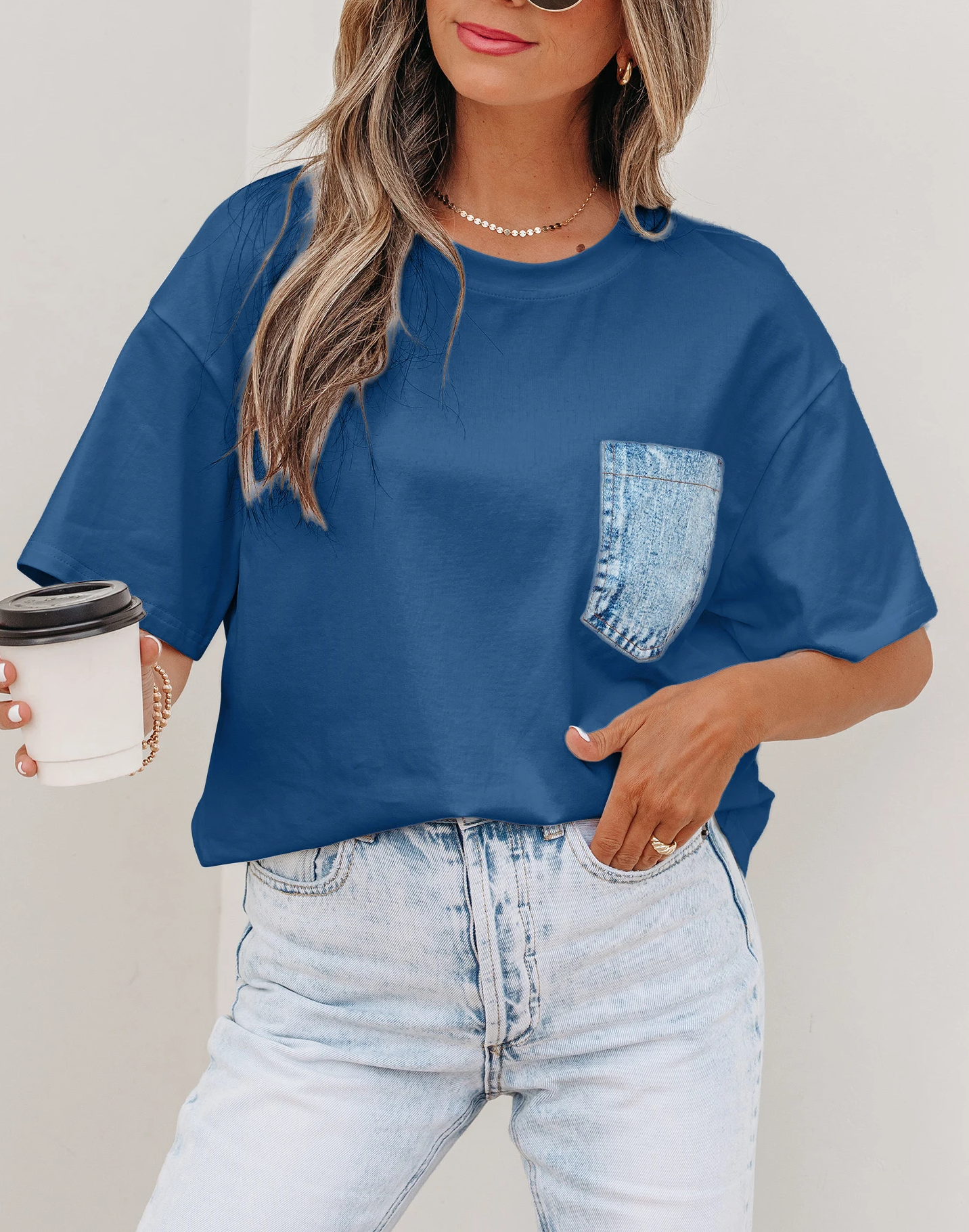 Color Block Chest Pocket Patched Casual Short Sleeve Top