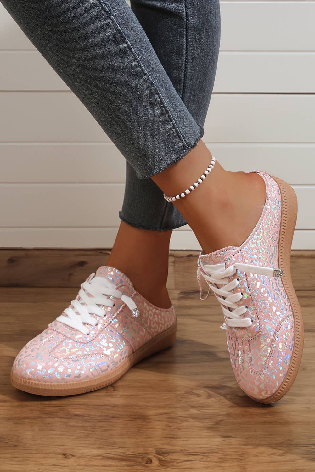 Shiny Leopard Print Lace Up Slip On Shoes
