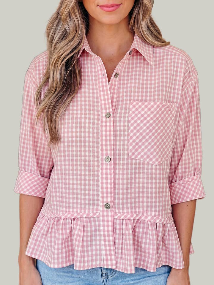 Plaid Half Sleeve Ruffle Hem Button Down Shirt