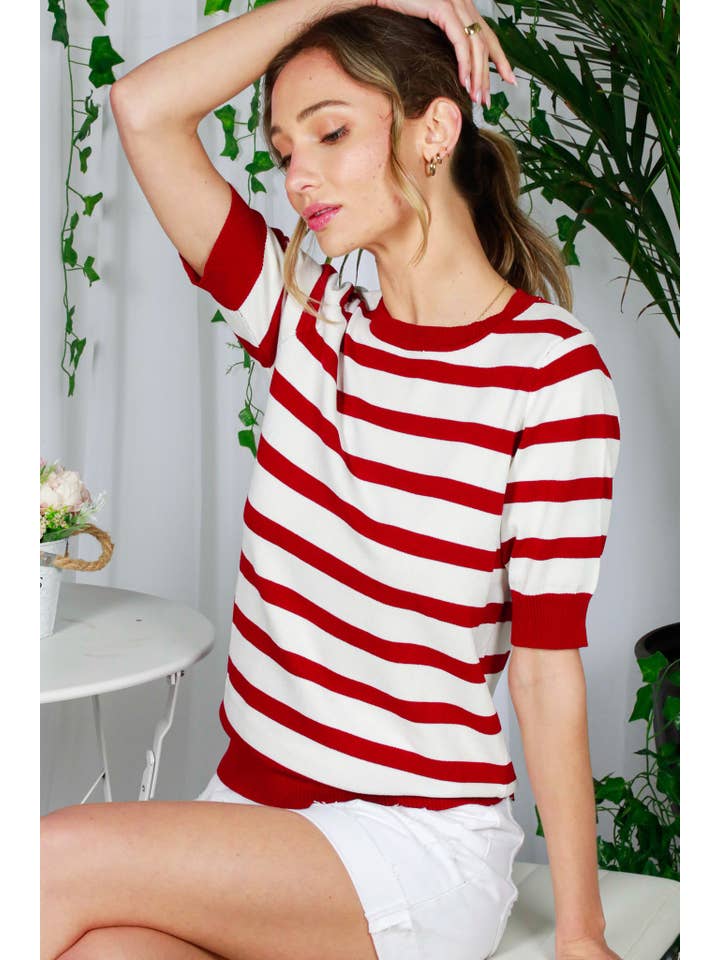Round Neck Short-Sleeve Lightweight Striped Sweater VT81640-