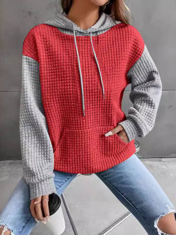 Loose Contrast Textured Pocket Hooded Sweatshirt