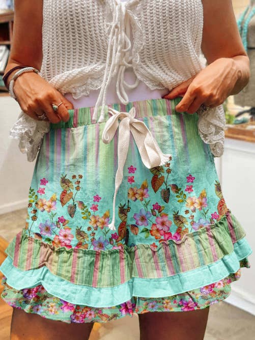 Polka Dots Floral Print Multi-Layer Ruffle Shorts Summer