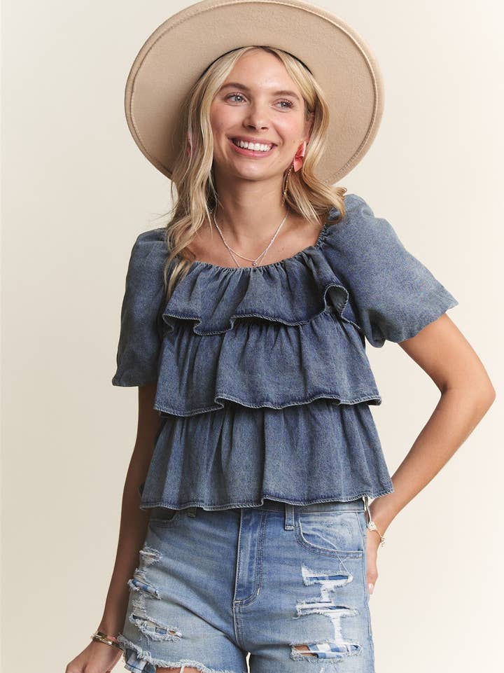 Washed Ruffle Blouse Smocking Back- LET3697
