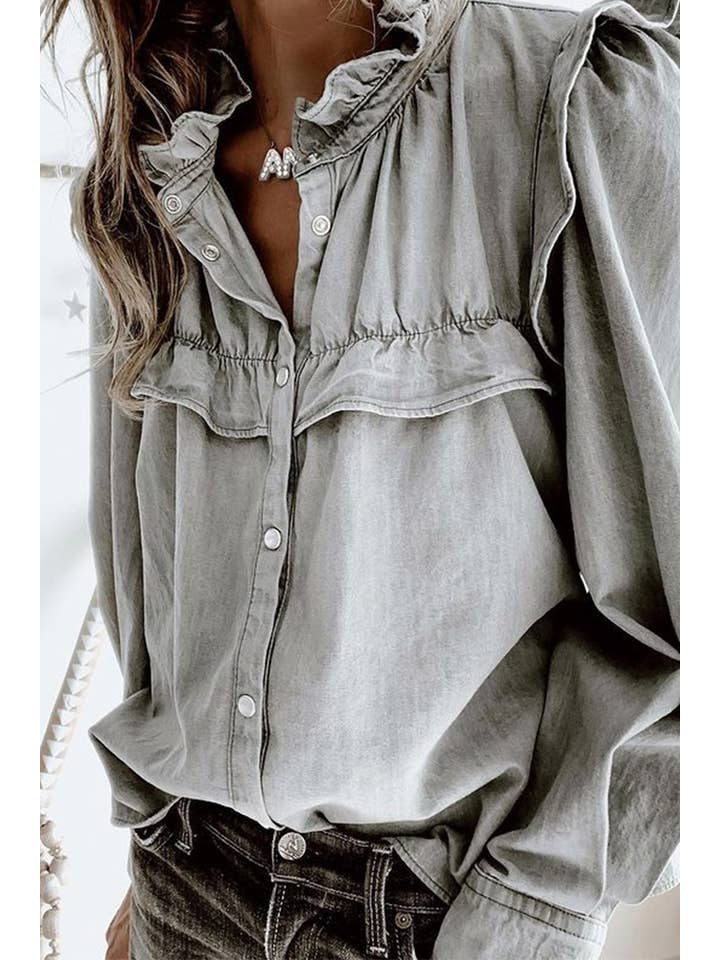TOPW610 Ruffle Button Closure Denim Blouse Top Women