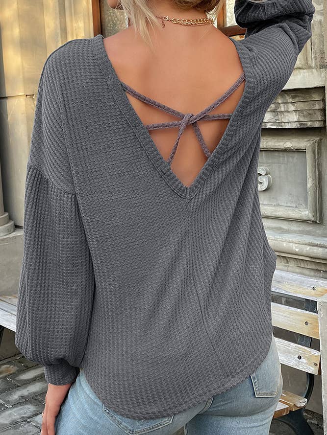 Waffle Knit Crisscross Straps Long Sleeve Blouse BFZY194
