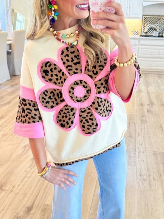 Leopard Flower Patch Top Retro Chic Tee