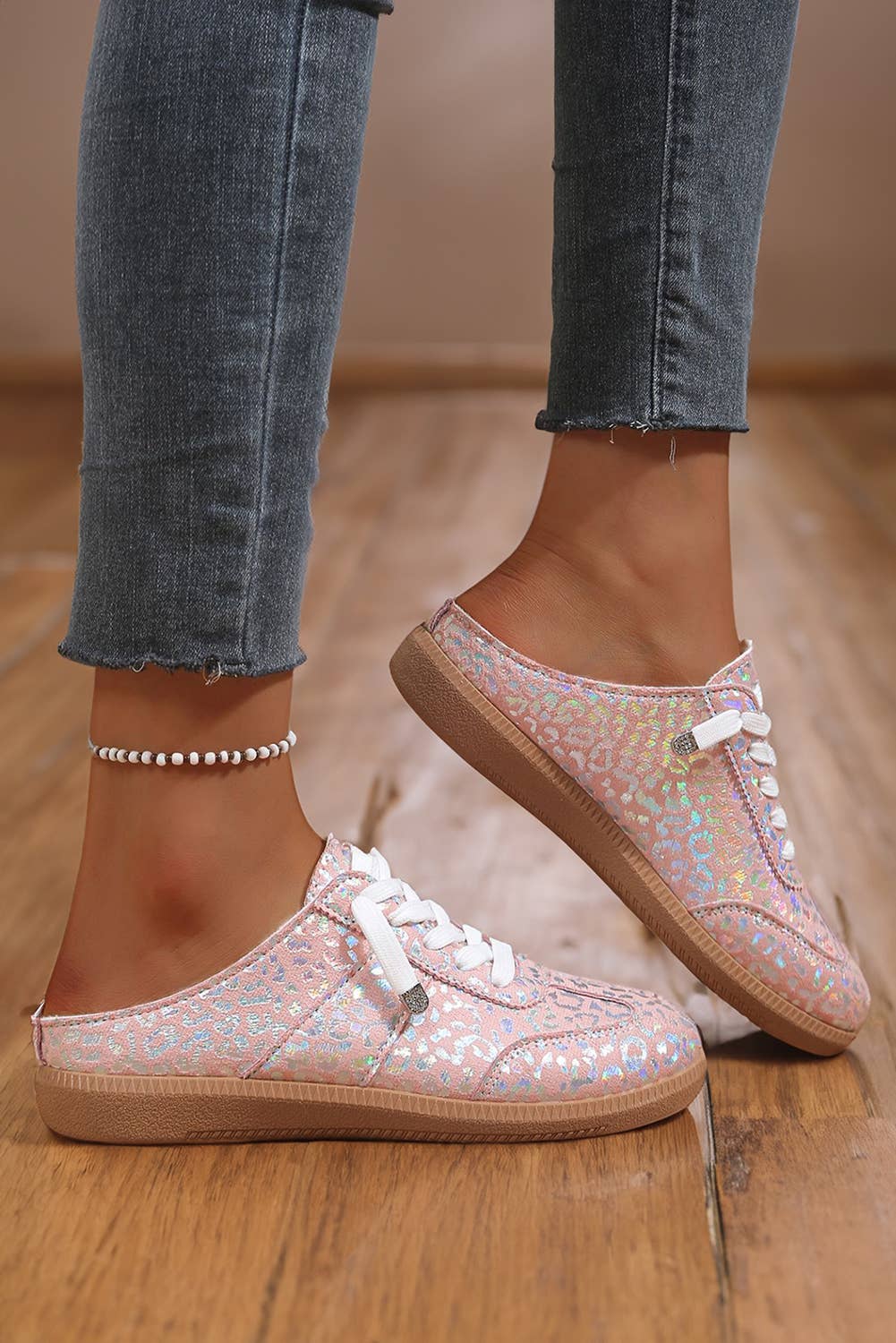 Shiny Leopard Print Lace Up Slip On Shoes
