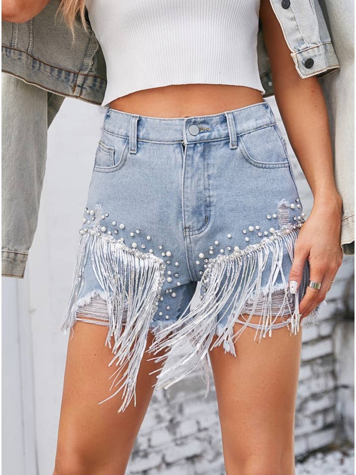 Diamond-Studded Beaded Denim Tassel Shorts