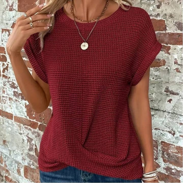 Solid Color Round Neck Twist Short Sleeve T-Shirt