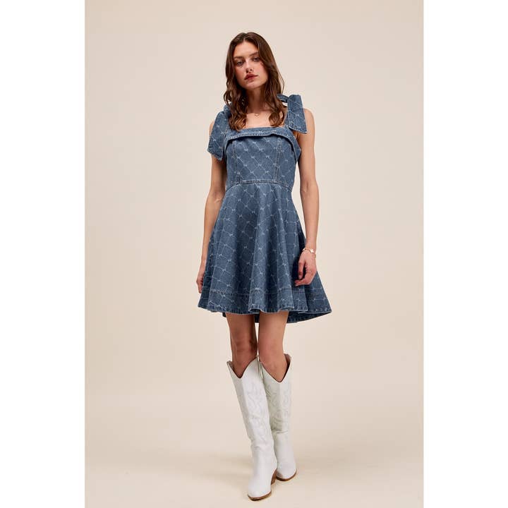 A Line Fit and Flare Diamond Ribbon Denim Dress