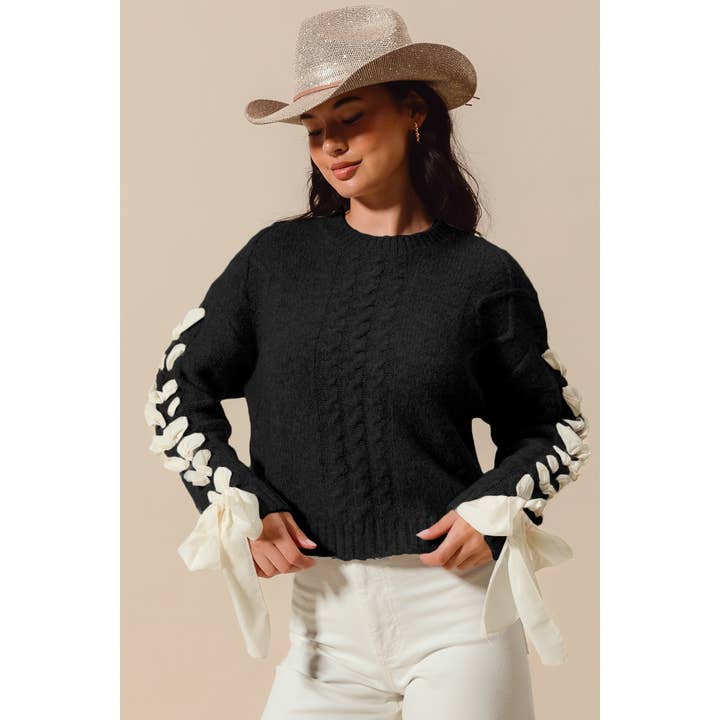 Contrast Lace Up Ribbon Bow Sleeves Cable Knit Top