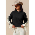 Contrast Lace Up Ribbon Bow Sleeves Cable Knit Top
