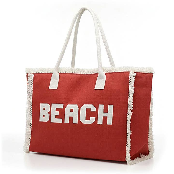 Bold Beach Letter Embroidered Fringe Tote Bag
