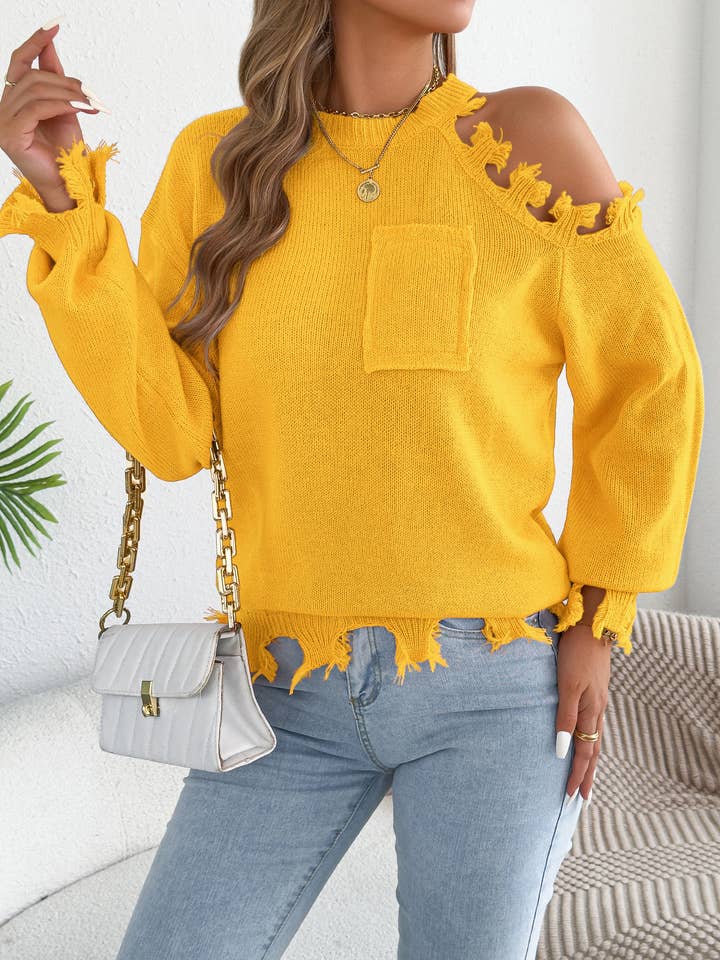 Off-Shoulder Ripped Fringe Pullover Sweater
