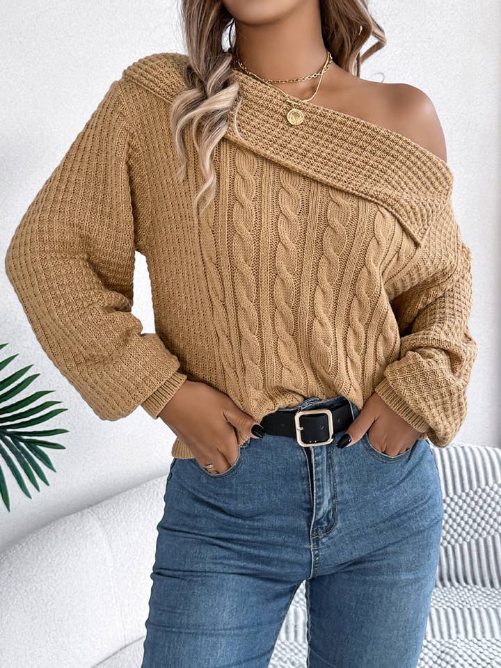 Collar Off Shoulder Long Sleeved Pullover Sweater