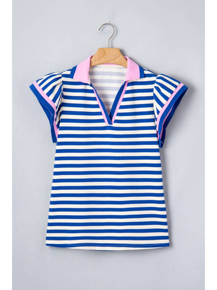 Stripe Contrast Trim Polo Collar Ruffled Sleeve Top (S-Xl)