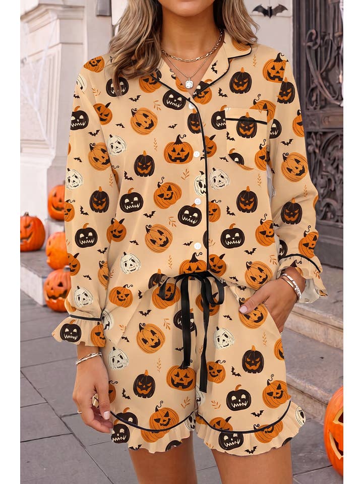 Pumpkin Face Print 2pcs Halloween Shorts Set | S-Xl