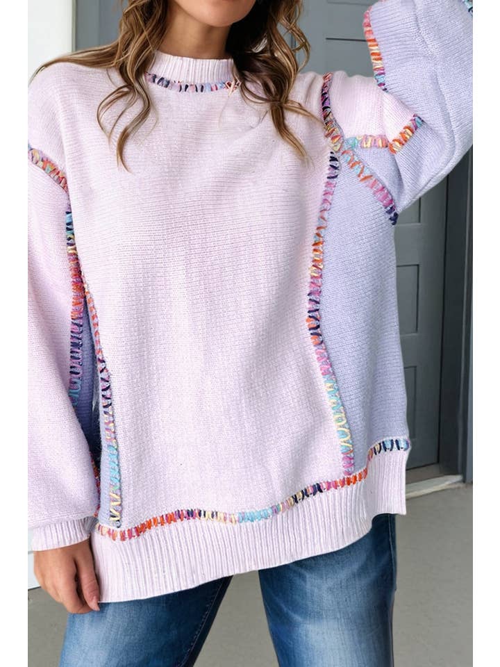 Las Color Block Stitching Bishop Sleeve Sweater (S-Xl)