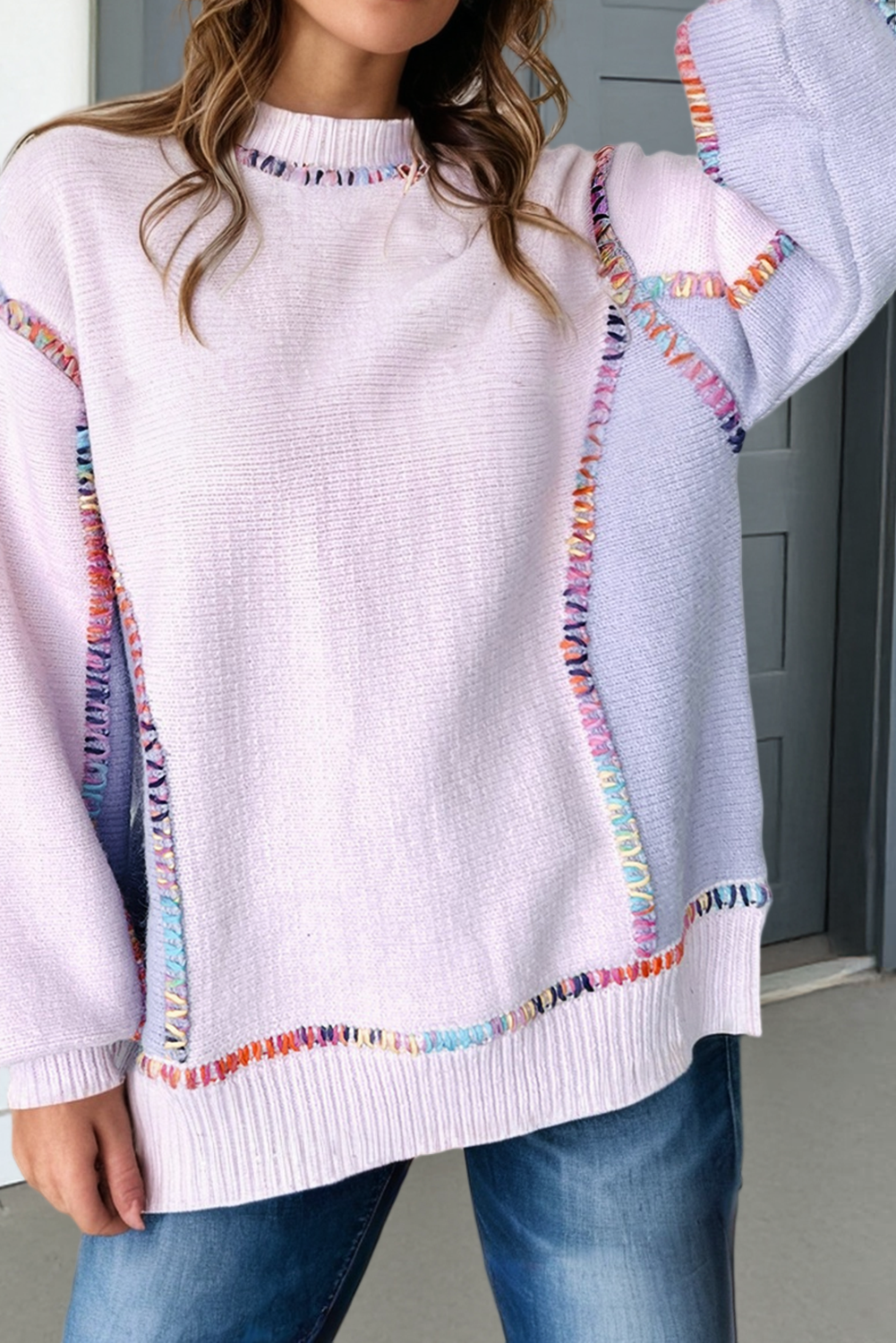 Las Color Block Stitching Bishop Sleeve Sweater (S-Xl)