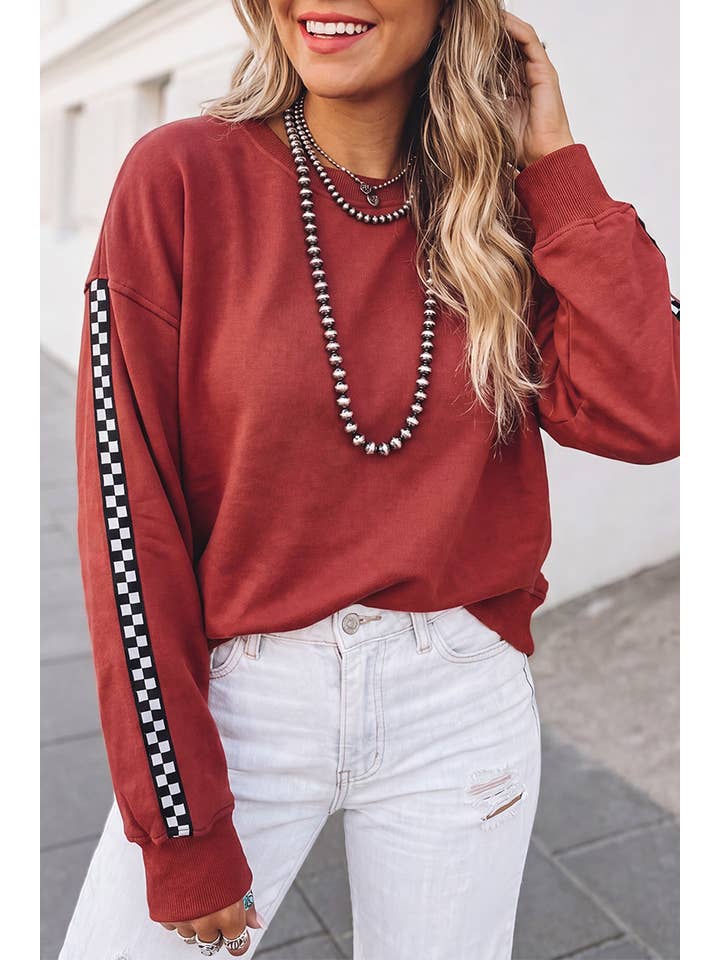 Plaid Print Sold Round Neck Ribbed Cuff Sweatshirt | S-Xl