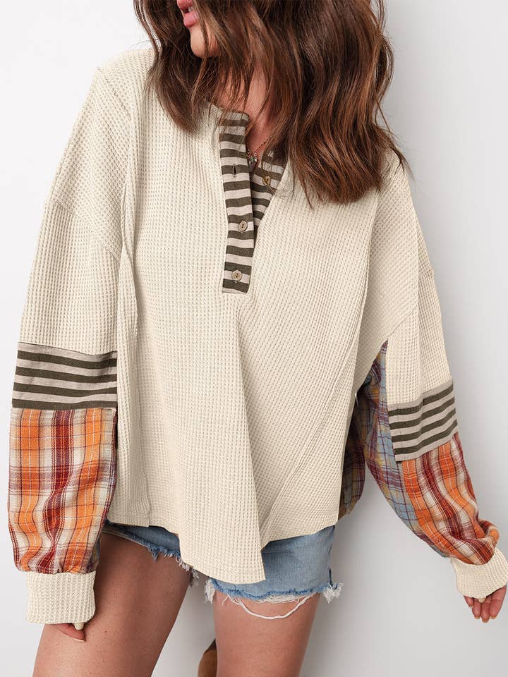 Stripe Plaid Patchwork Waffle Knit Henley Top