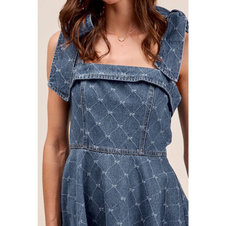A Line Fit and Flare Diamond Ribbon Denim Dress