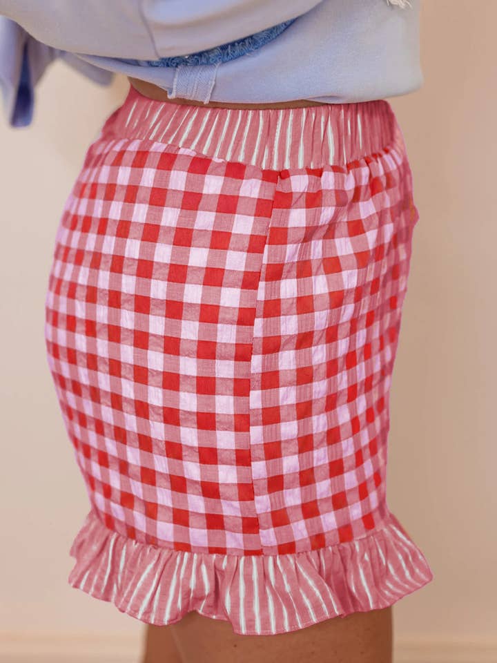 Gingham Print Ruffle Striped Detail Lace Tie Shorts