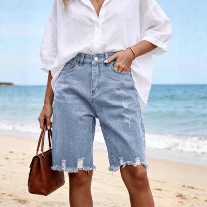 Women Ripped Denim Frayed Tassel Knee Length Shorts