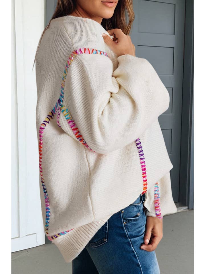 Las Color Block Stitching Bishop Sleeve Sweater (S-Xl)