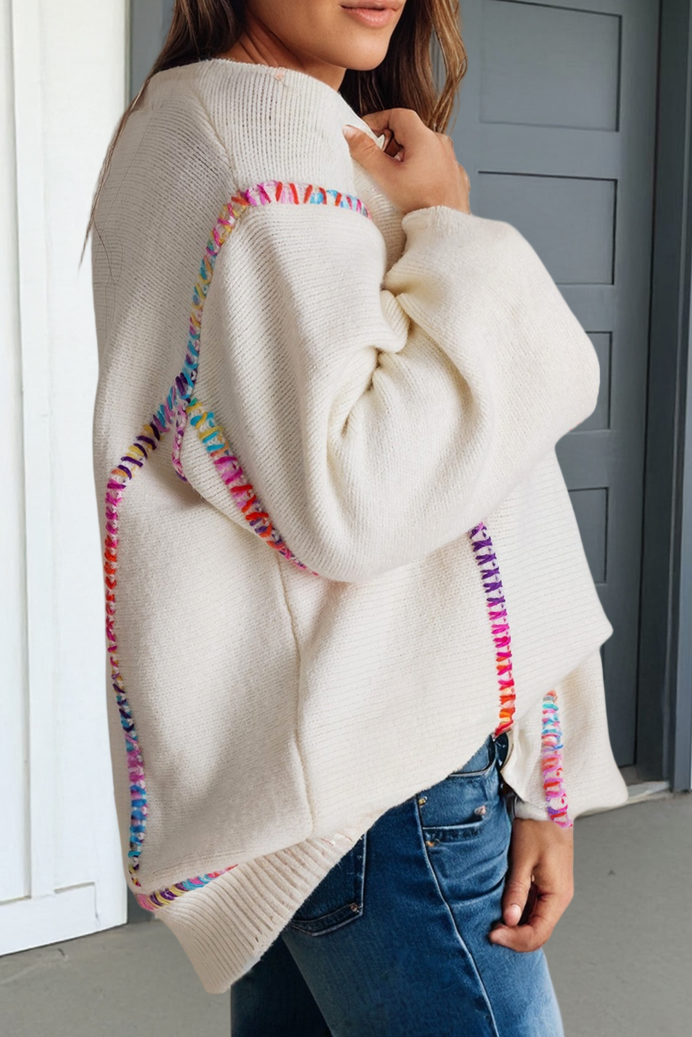 Las Color Block Stitching Bishop Sleeve Sweater (S-Xl)