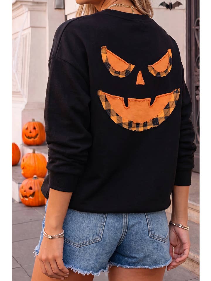 Plaid Pumpkin Face Back Halloween Pullover Top | S-Xl