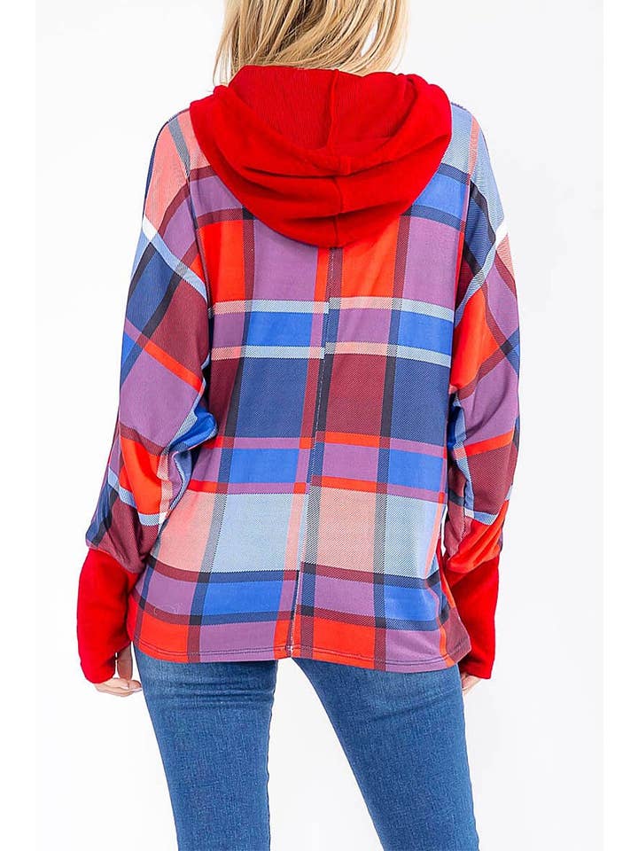 Long Sleeve Colorblock Hooded Plaid Top