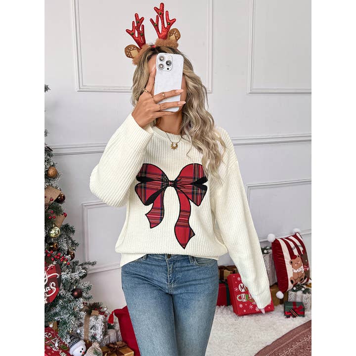 Christmas Plaid Bow Round Neck Pullover Sweater BFZY1721
