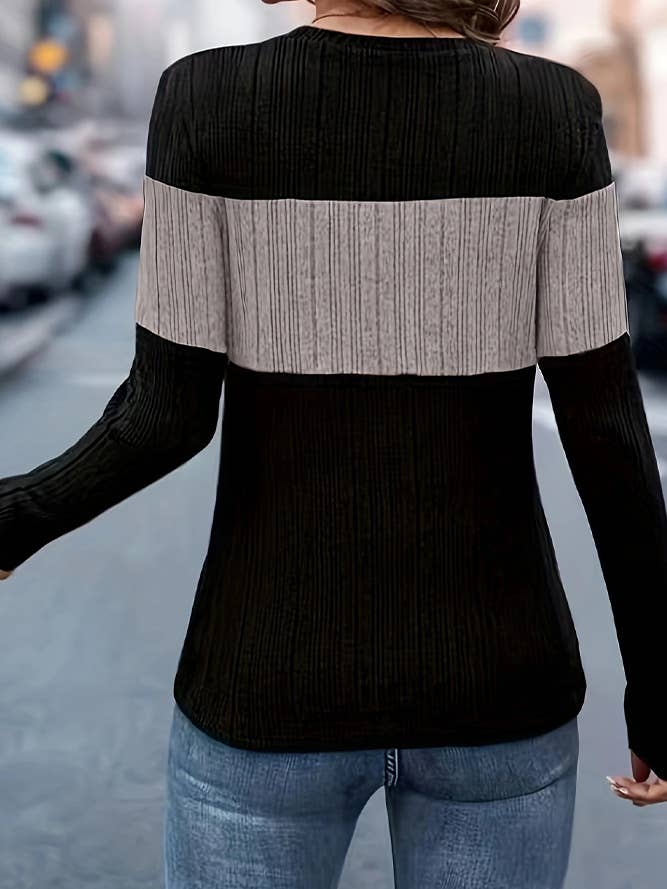 Trendy V-Neck Colorblock Long Sleeve Blouse ZK1995
