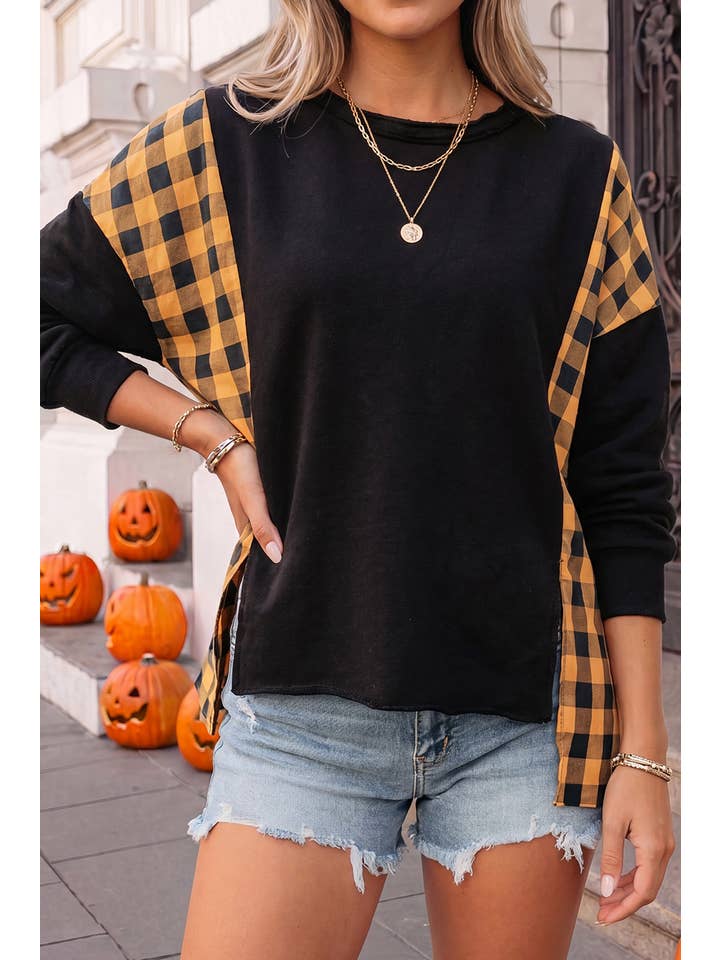Plaid Pumpkin Face Back Halloween Pullover Top | S-Xl