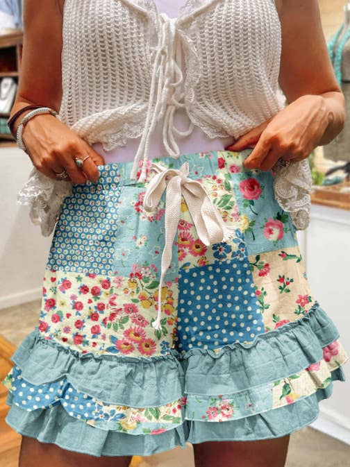 Polka Dots Floral Print Multi-Layer Ruffle Shorts Summer