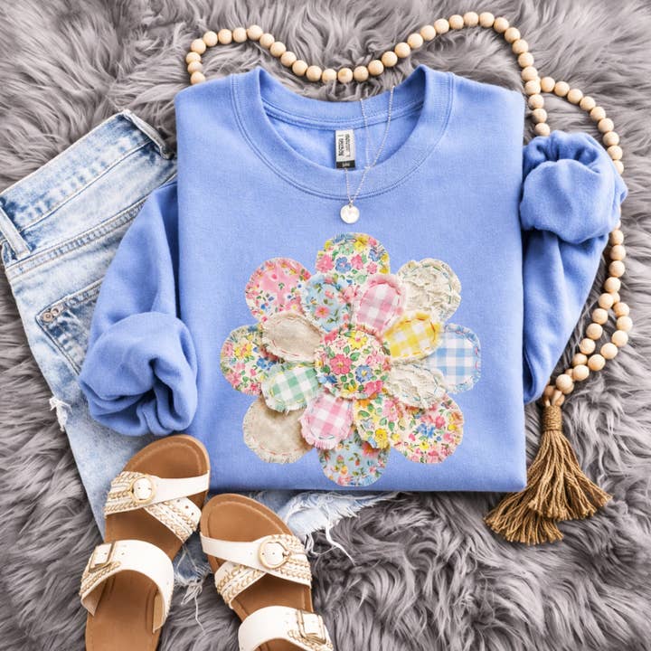 Faux Patchwork Spring Flower Sweatshirts & T-Shirts