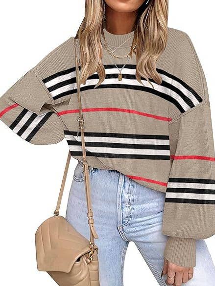 Retro Cozy Multi Striped Lantern Sleeves Knit Sweater