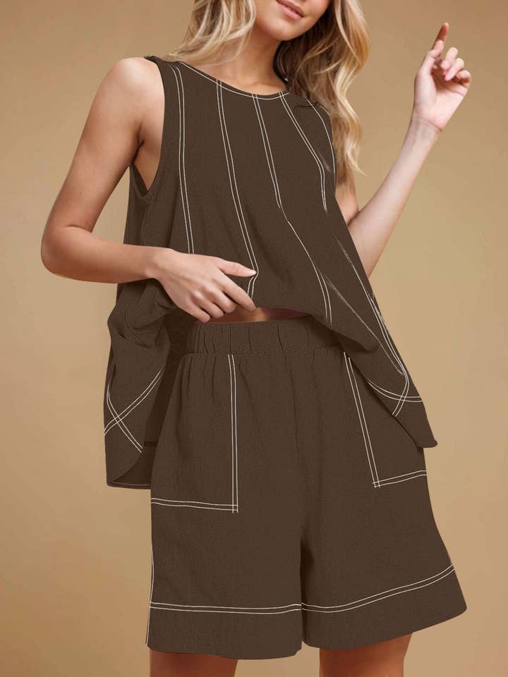 Casual Summer Contrast Stitch Tank Top and Shorts Set
