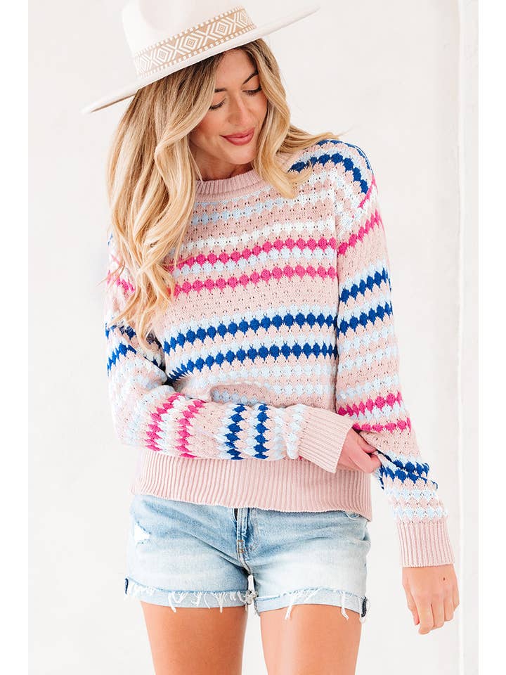 Stripe Eyelet Knit Drop Shoulder Sweater