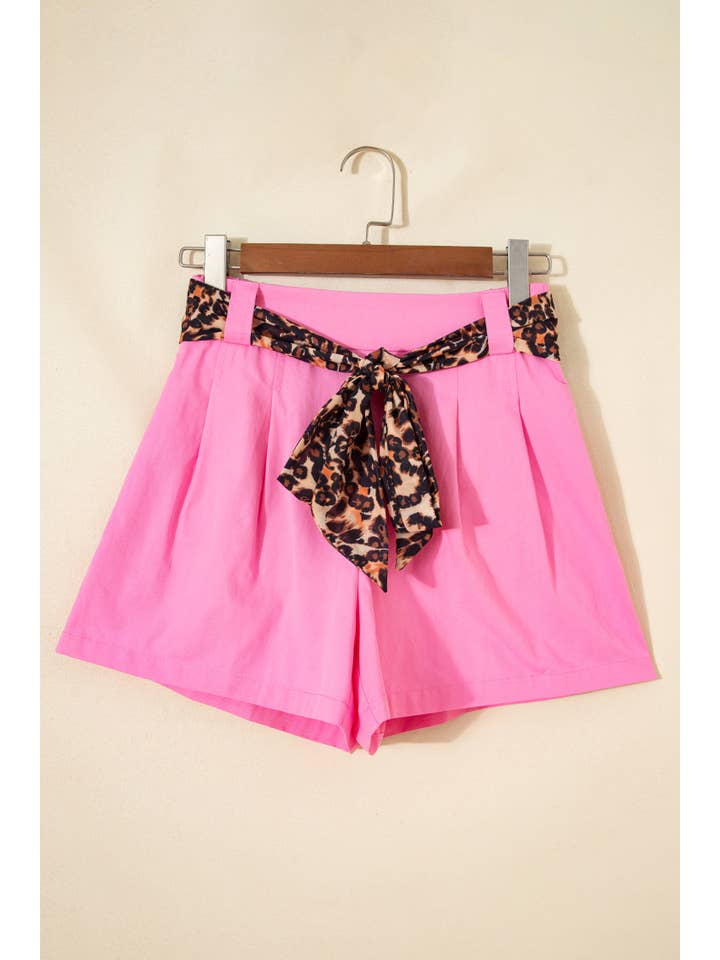 Leopard Contrast Sash Belt Pleated Wide Leg Shorts