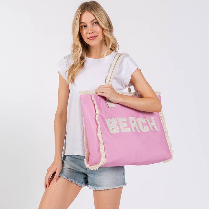 Bold Beach Letter Embroidered Fringe Tote Bag
