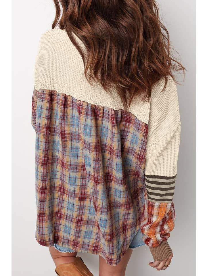 Stripe Plaid Patchwork Waffle Knit Henley Top