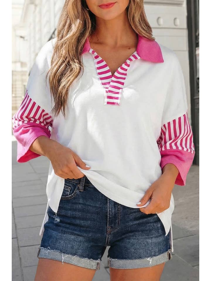 Stripe Colorblock Patchwork Collar T Shirt | S-Xl