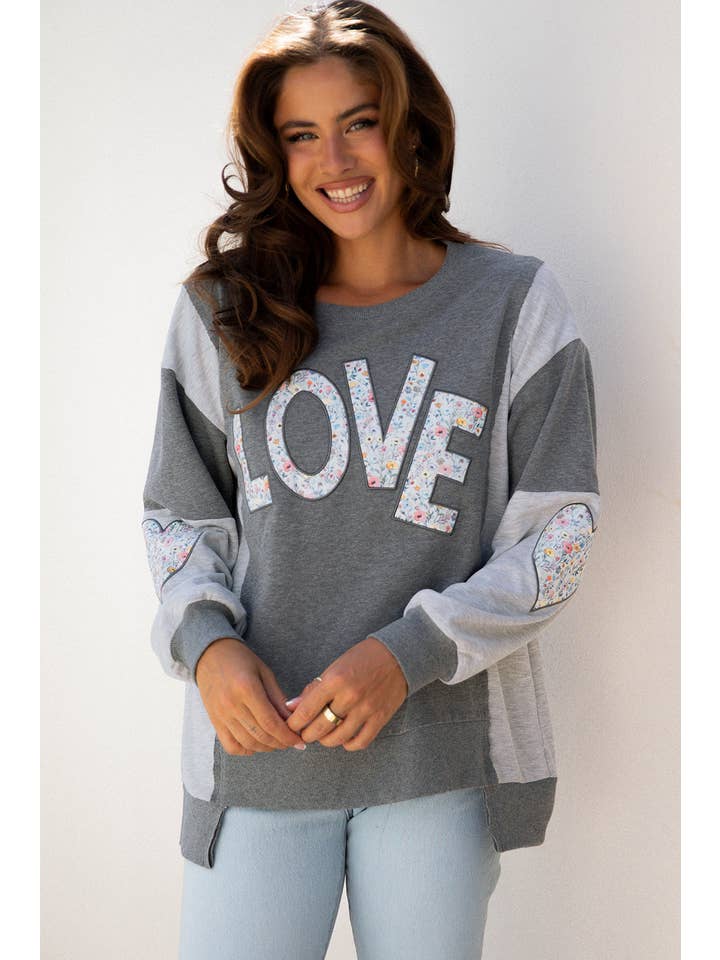 Love Reverse Seam Patchwork Long Sleeve Sweatshirt