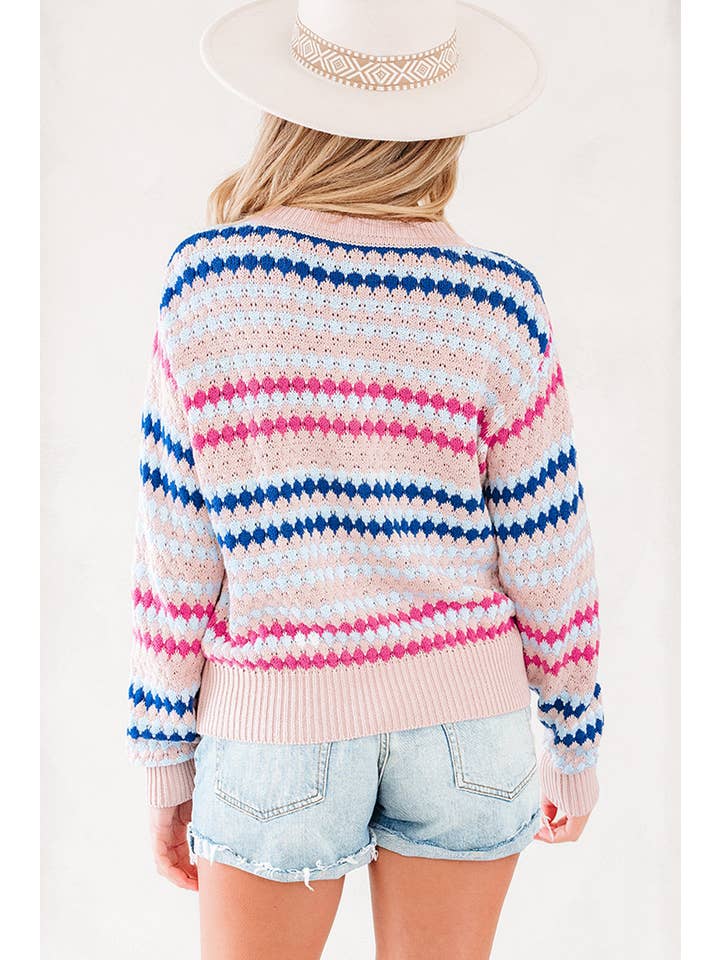 Stripe Eyelet Knit Drop Shoulder Sweater