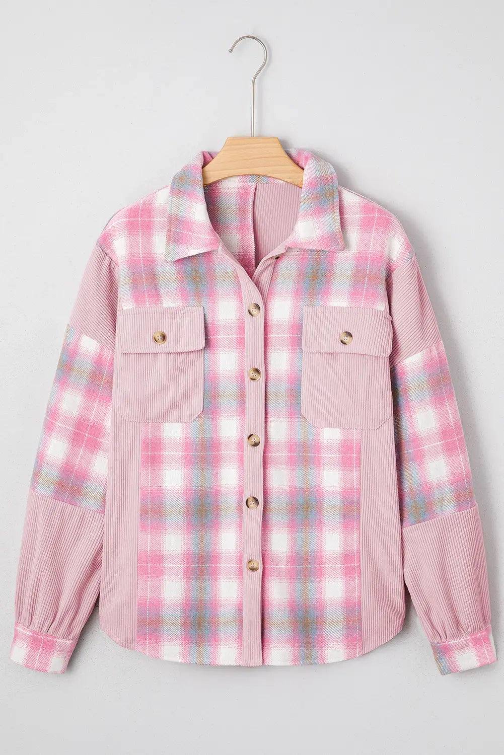 Brushed Plaid Corduroy Flap Pockets Patchwork Shacket