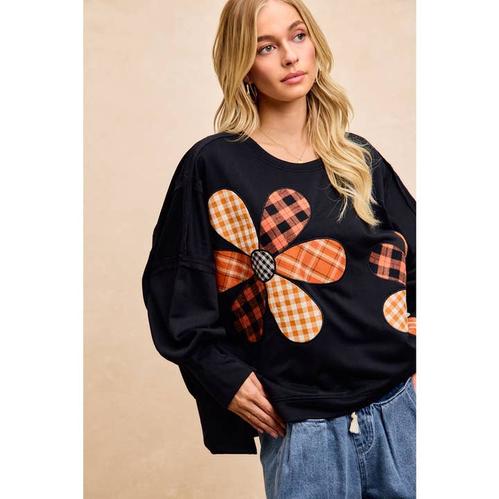 Plaid Mix Flower Patchwork French Terry Sweatshirt